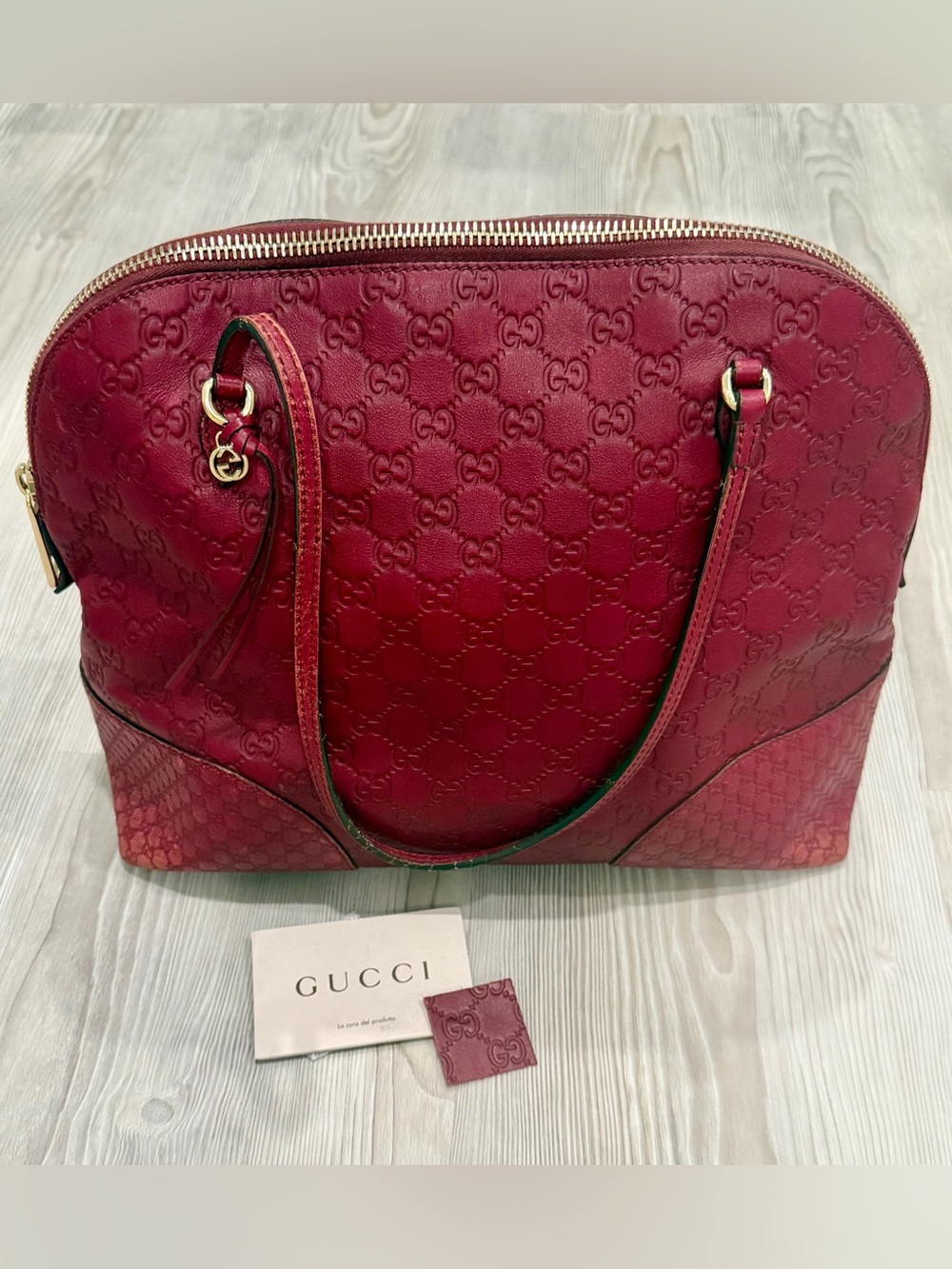 Gucci Burgundy Embossed GG Dome Tote with Gold Accents